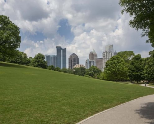 Panoramic view of Piedmont Park in Midtown Atlanta, a top amenity for local condo residents.