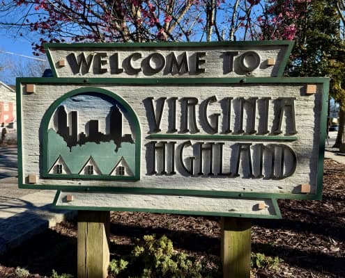 The well known Virginia-Highland Neighborhood Sign at the Corner of Virginia Avenue and North Highland-Avenue in Atlanta, GA
